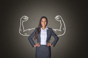 Businesswoman on Gray with Arm Muscles Drawing